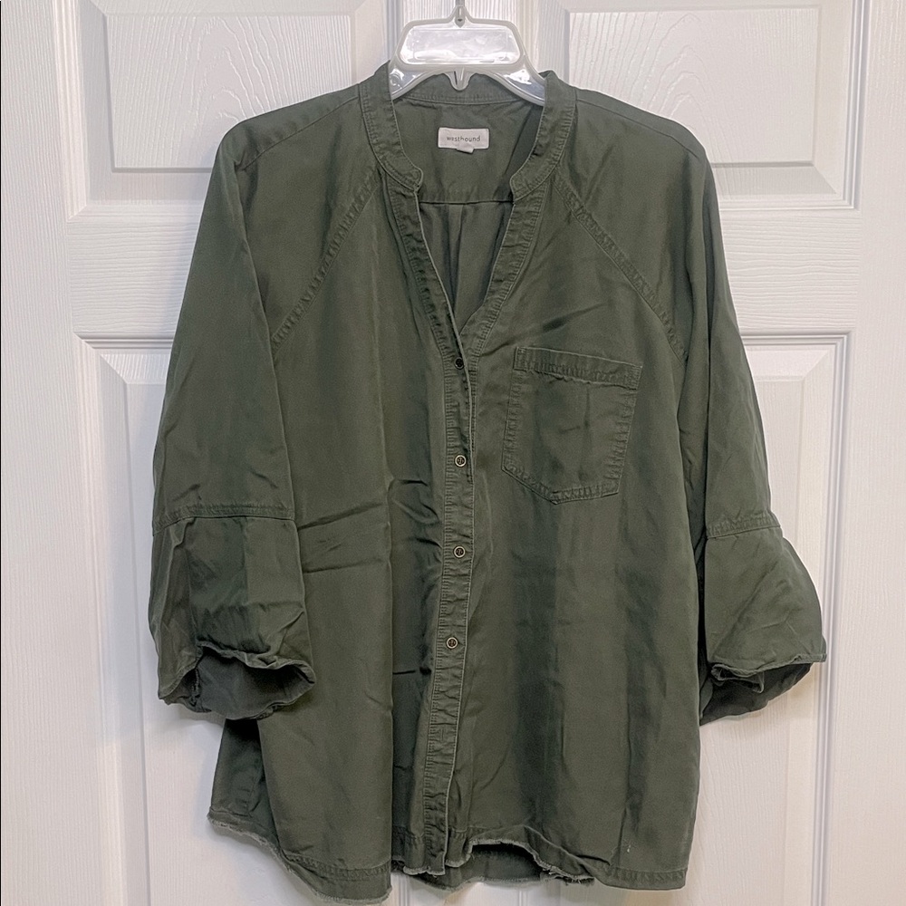 Westbound Olive Green Lightweight Button Down shirt with bell sleeves